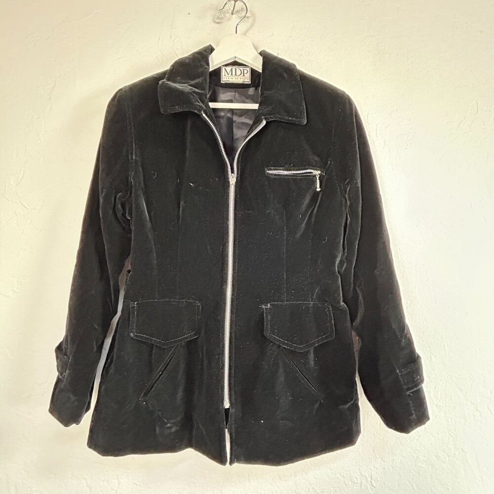 MDP Mario De Pinto Womens Black Velvet Blazer Jacket Zip Front Lined Lightweight